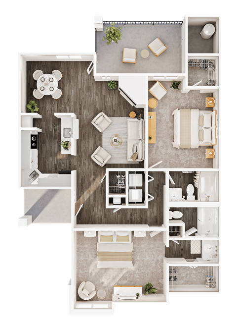 Floor plan for 2 beds, 2 baths, 1045 sqft